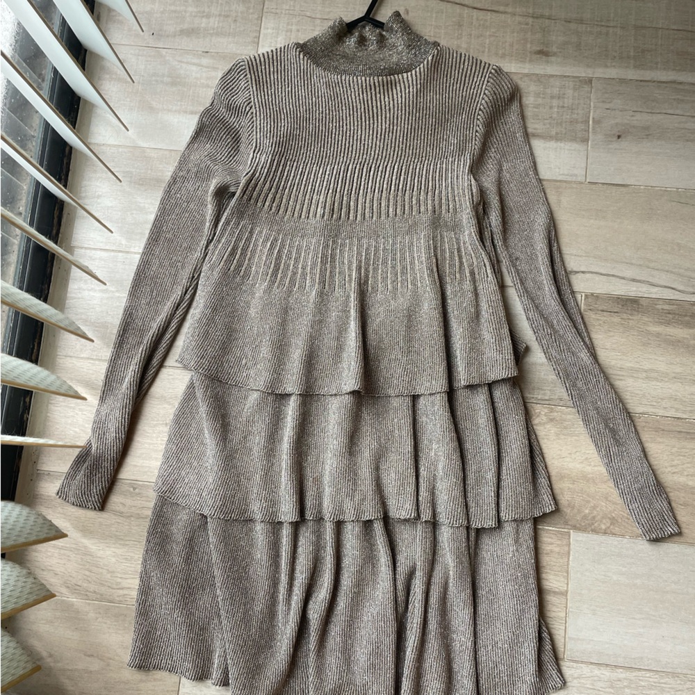 Zara Metallic Ribbed Layered Dress - Silver